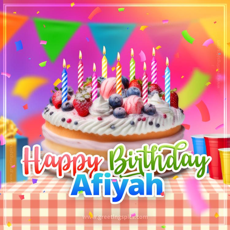 Happy Birthday Afiyah Colorful Image with fruit cake and candles (square shape image)