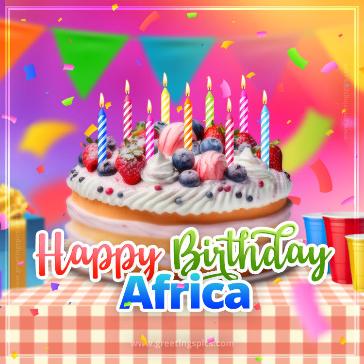 Happy Birthday Africa Colorful Image with fruit cake and candles (square shape image)