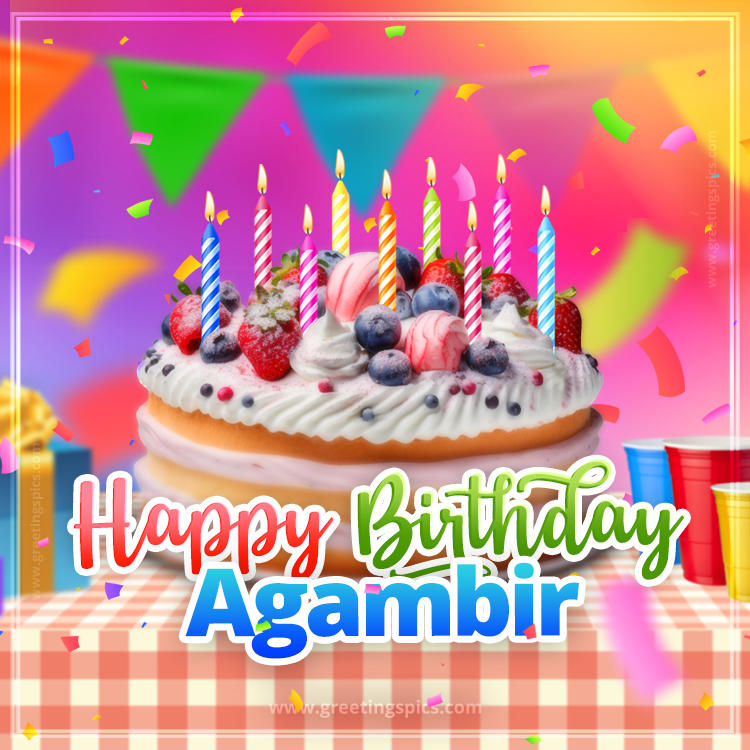 Happy Birthday Agambir Colorful Image with fruit cake and candles (square shape image)