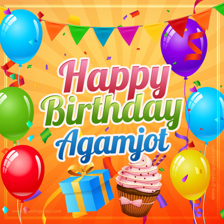 Happy Birthday Agamjot eCard with gift box and cupcake (square shape image)