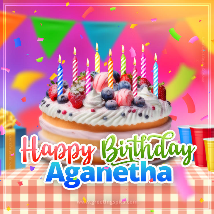 Happy Birthday Aganetha Colorful Image with fruit cake and candles (square shape image)