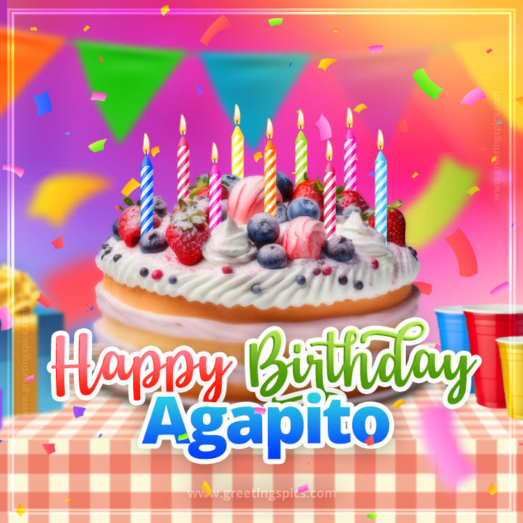 Happy Birthday Agapito Colorful Image with fruit cake and candles (square shape image)