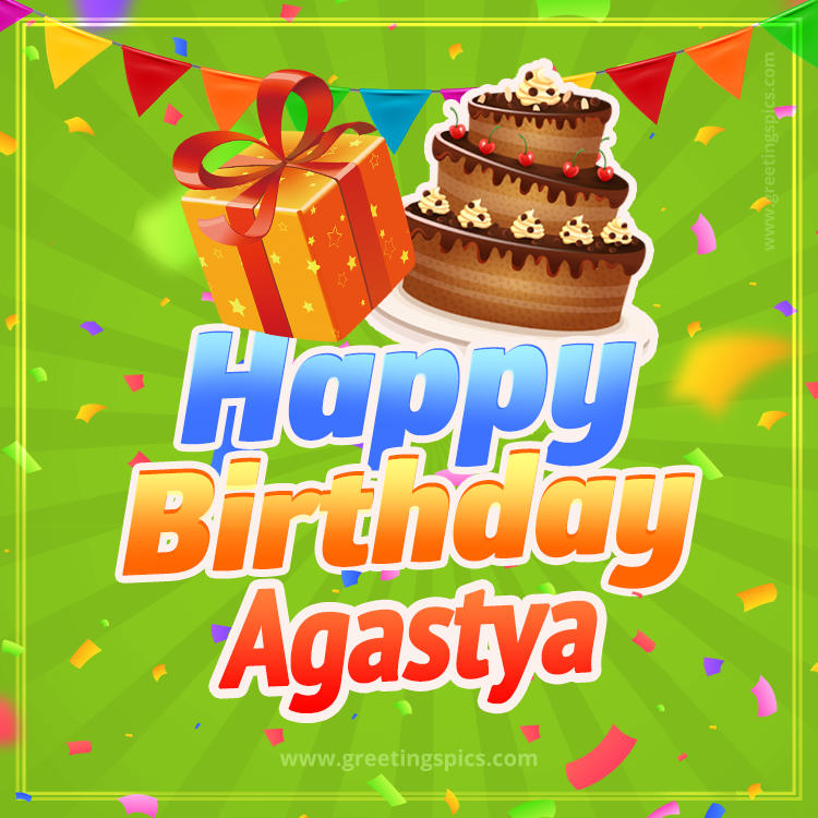 Happy Birthday Agastya picture with flags, chocolate cake and gift box (square shape image)