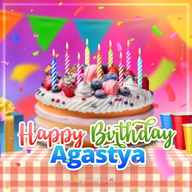 Happy Birthday Agastya Colorful Image with fruit cake and candles (square shape image)