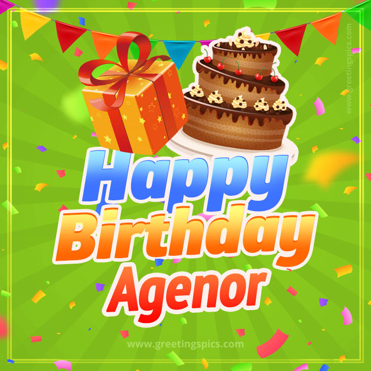 Happy Birthday Agenor picture with flags, chocolate cake and gift box (square shape image)