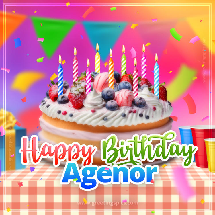 Happy Birthday Agenor Colorful Image with fruit cake and candles (square shape image)