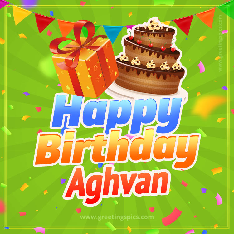 Happy Birthday Aghvan picture with flags, chocolate cake and gift box (square shape image)