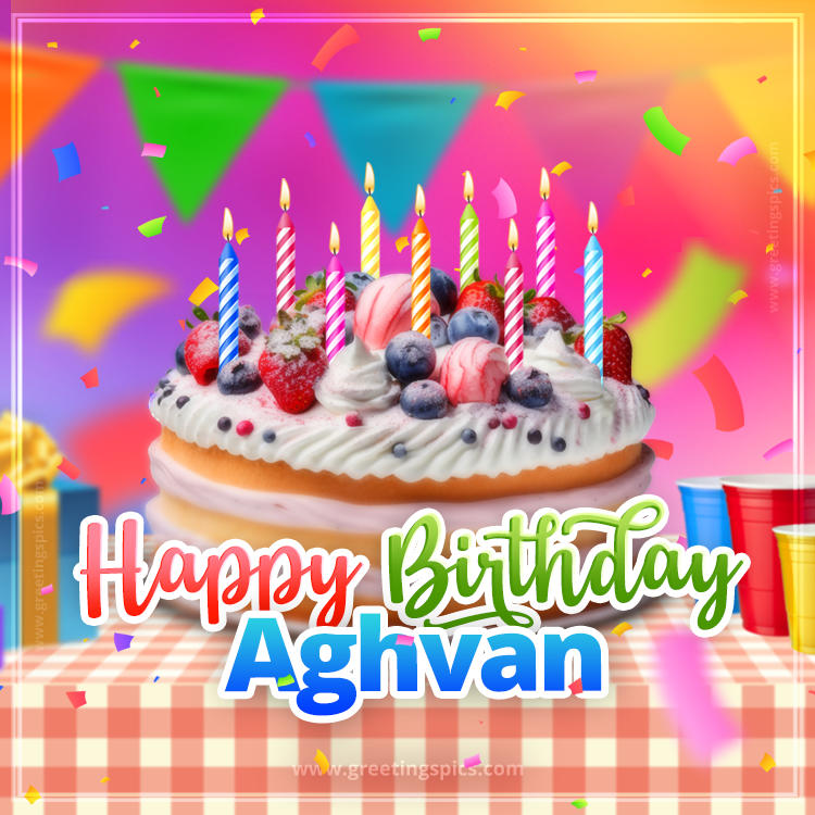 Happy Birthday Aghvan Colorful Image with fruit cake and candles (square shape image)