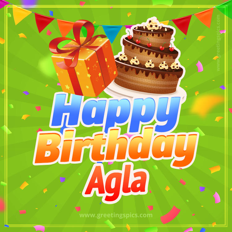 Happy Birthday Agla picture with flags, chocolate cake and gift box (square shape image)