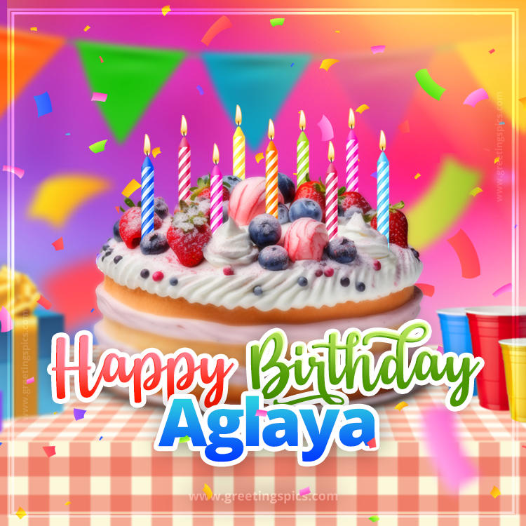 Happy Birthday Aglaya Colorful Image with fruit cake and candles (square shape image)