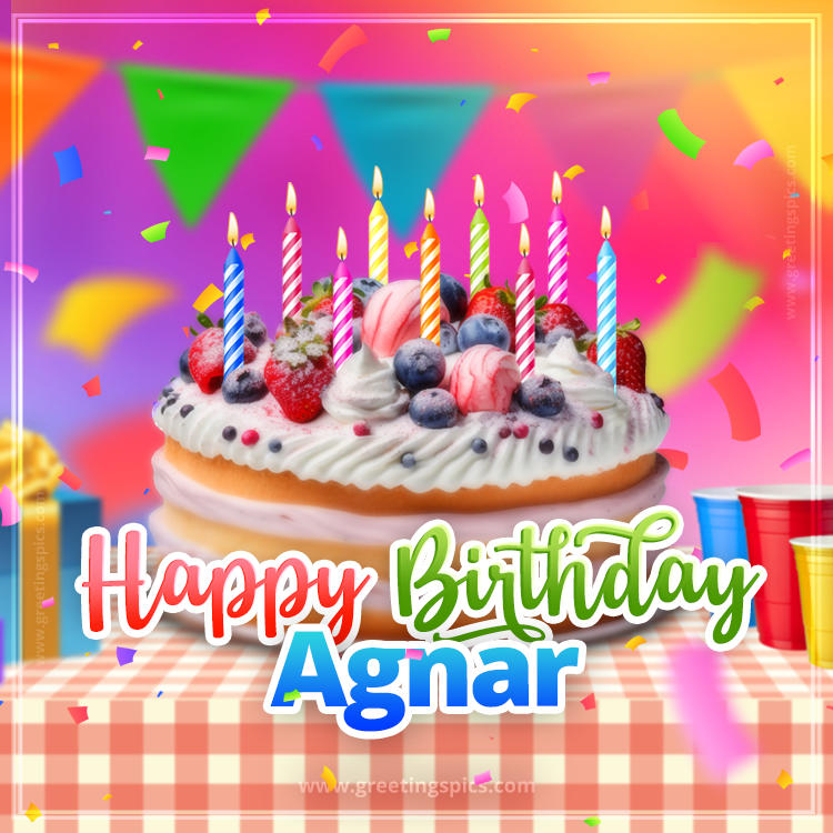 Happy Birthday Agnar Colorful Image with fruit cake and candles (square shape image)