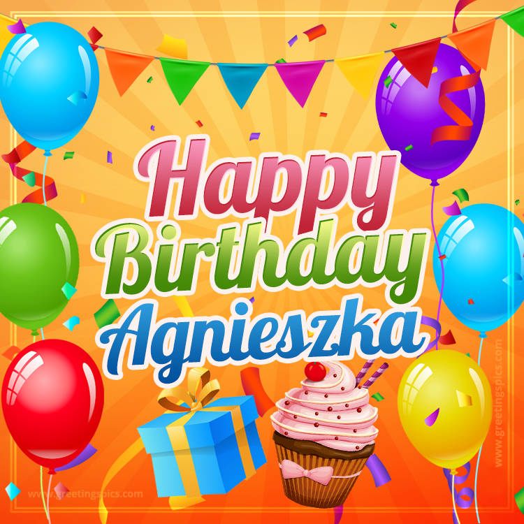 Happy Birthday Agnieszka eCard with gift box and cupcake (square shape image)