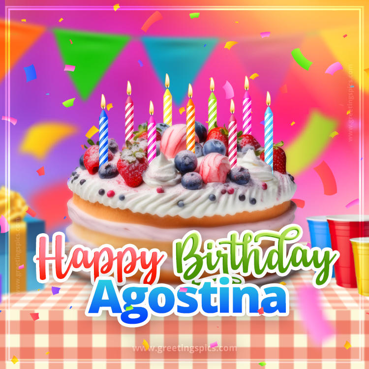 Happy Birthday Agostina Colorful Image with fruit cake and candles (square shape image)