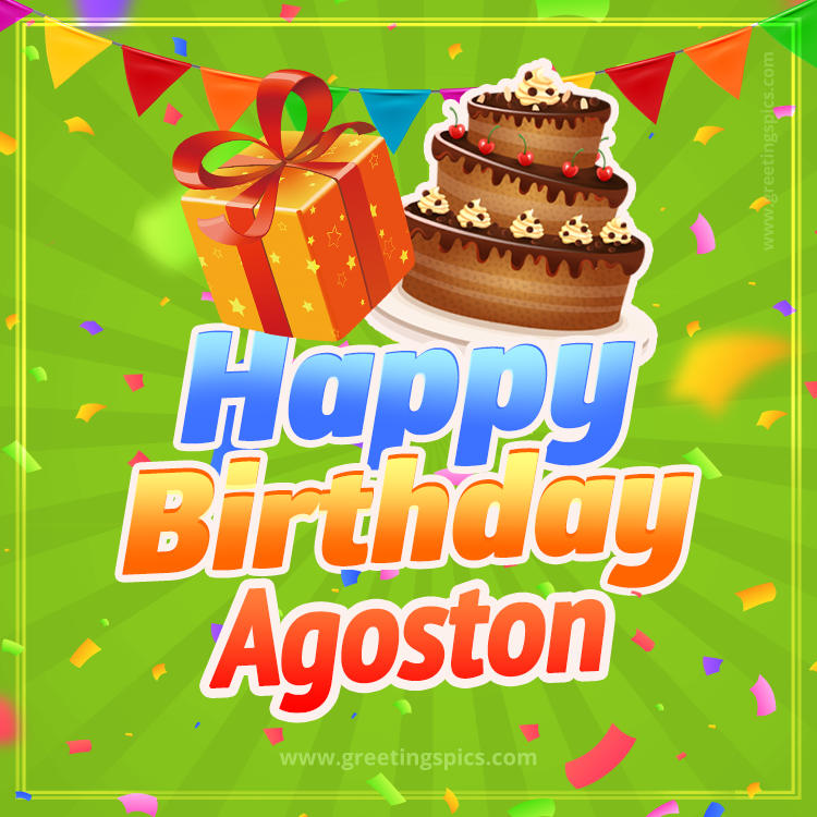 Happy Birthday Agoston picture with flags, chocolate cake and gift box (square shape image)