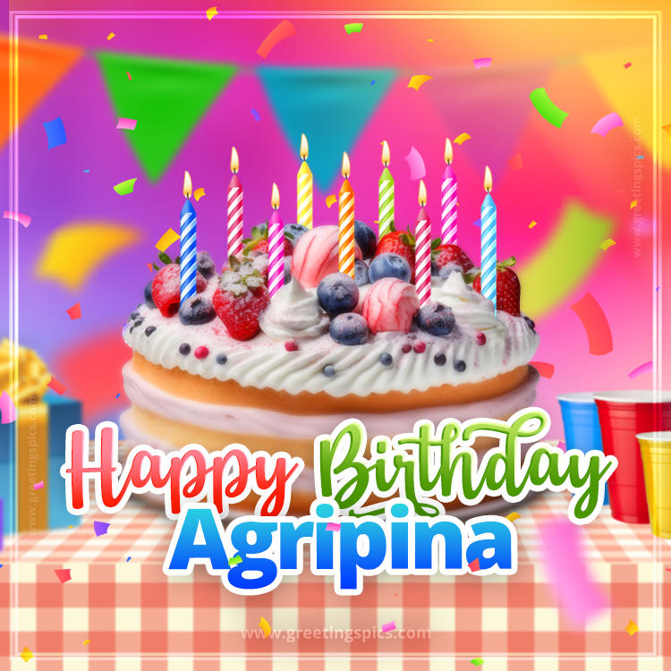 Happy Birthday Agripina Colorful Image with fruit cake and candles (square shape image)