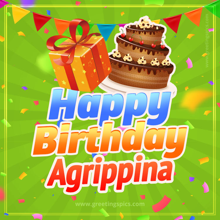 Happy Birthday Agrippina picture with flags, chocolate cake and gift box (square shape image)