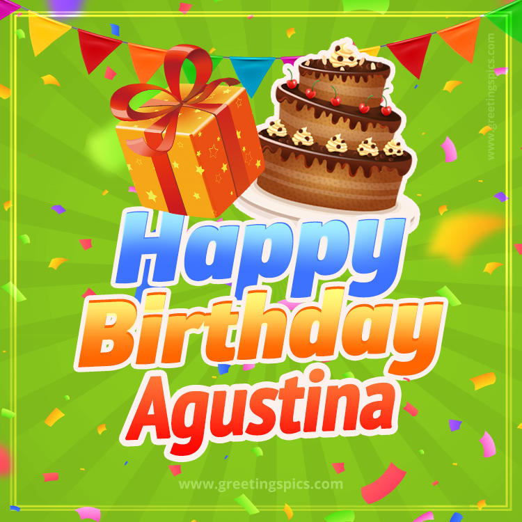 Happy Birthday Agustina picture with flags, chocolate cake and gift box (square shape image)