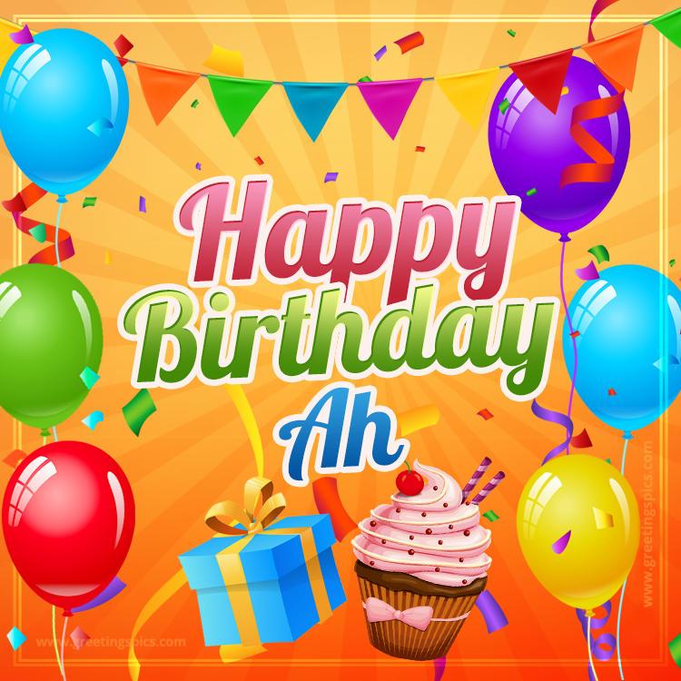 Happy Birthday Ah eCard with gift box and cupcake (square shape image)