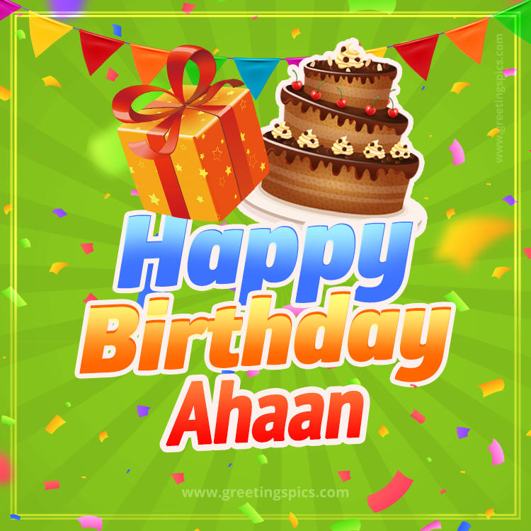 Happy Birthday Ahaan picture with flags, chocolate cake and gift box (square shape image)