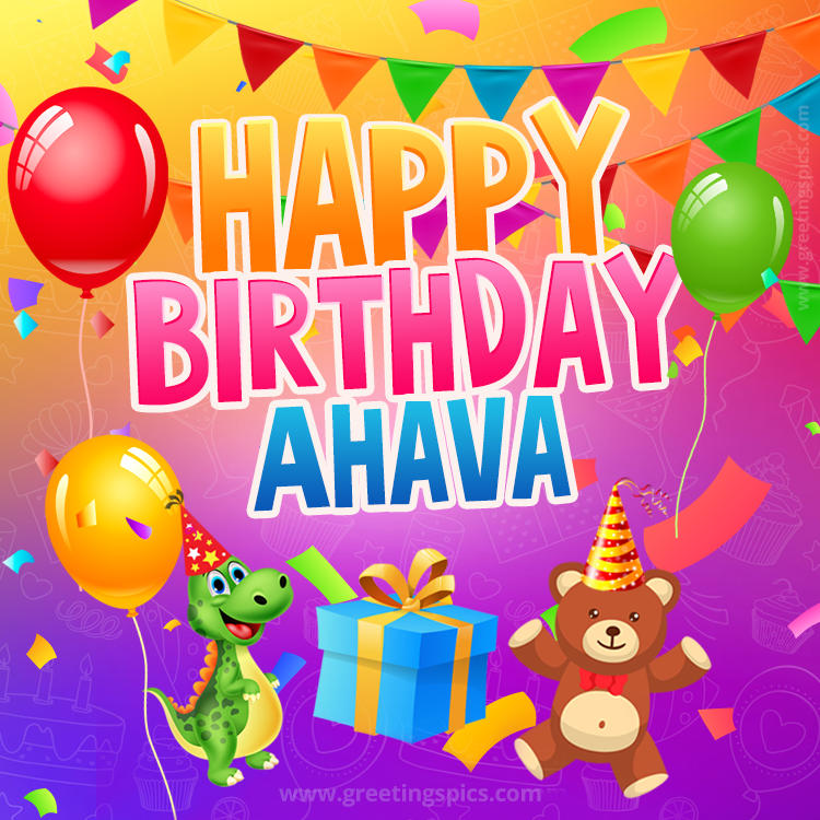 Happy Birthday Ahava Image for a child with cute dinosaur and bear (square shape image)