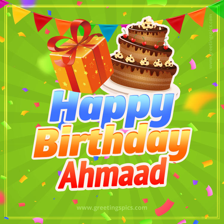 Happy Birthday Ahmaad picture with flags, chocolate cake and gift box (square shape image)