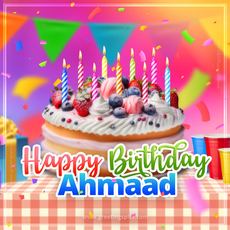 Happy Birthday Ahmaad Colorful Image with fruit cake and candles (square shape image)