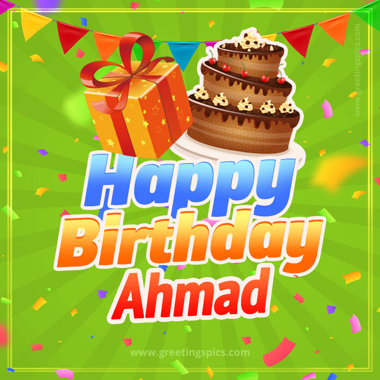 Happy Birthday Ahmad picture with flags, chocolate cake and gift box (square shape image)