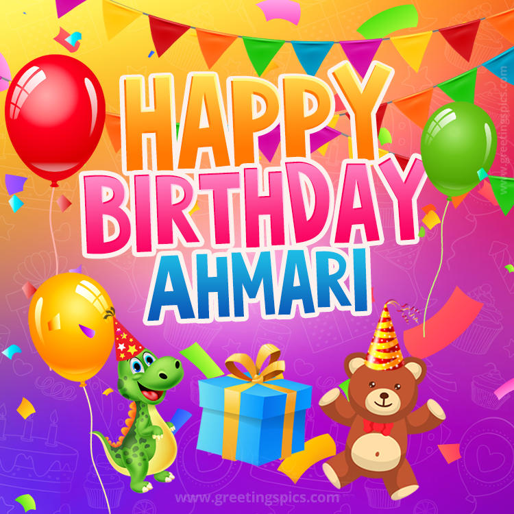 Happy Birthday Ahmari Image for a child with cute dinosaur and bear (square shape image)