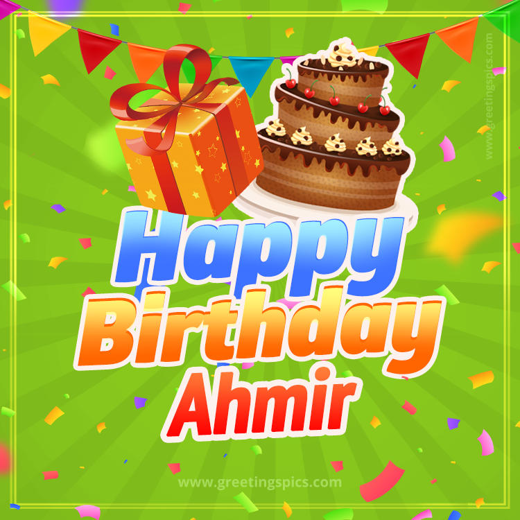 Happy Birthday Ahmir picture with flags, chocolate cake and gift box (square shape image)