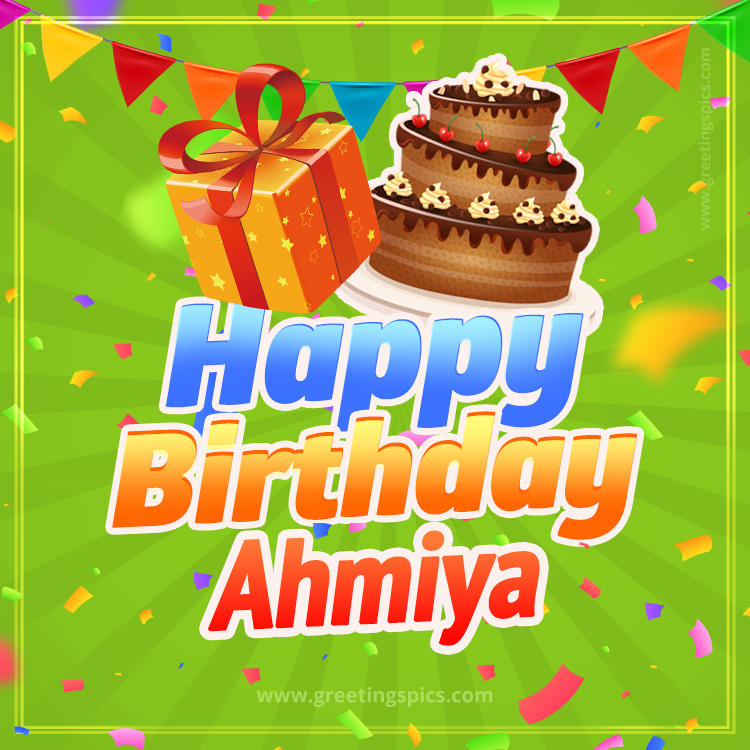 Happy Birthday Ahmiya picture with flags, chocolate cake and gift box (square shape image)