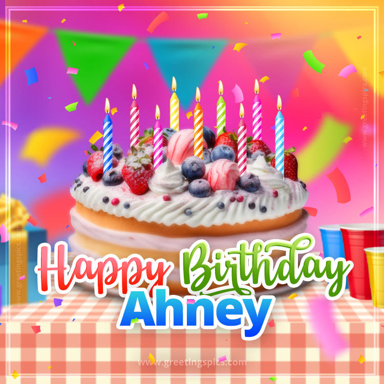 Happy Birthday Ahney Colorful Image with fruit cake and candles (square shape image)