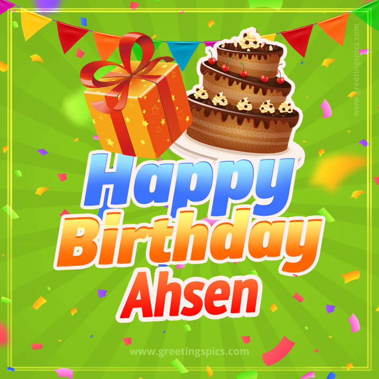 Happy Birthday Ahsen picture with flags, chocolate cake and gift box (square shape image)