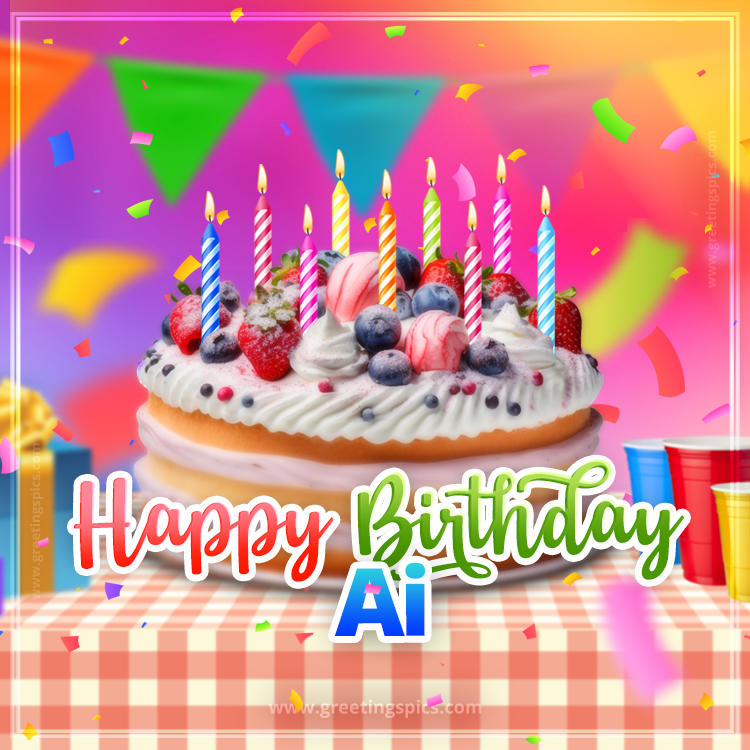 Happy Birthday Ai Colorful Image with fruit cake and candles (square shape image)