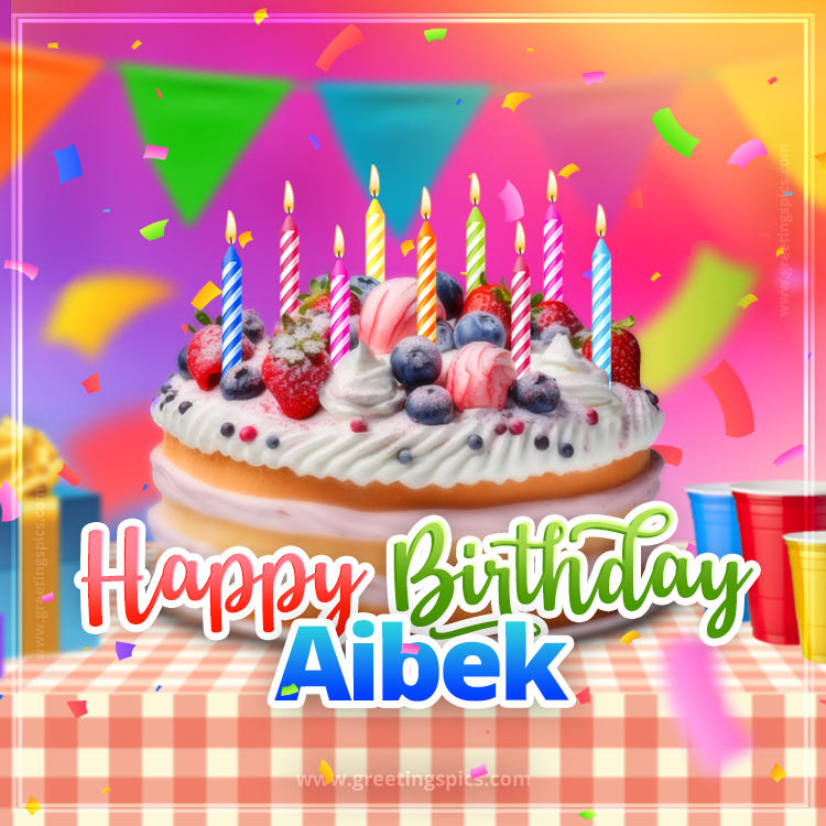 Happy Birthday Aibek Colorful Image with fruit cake and candles (square shape image)