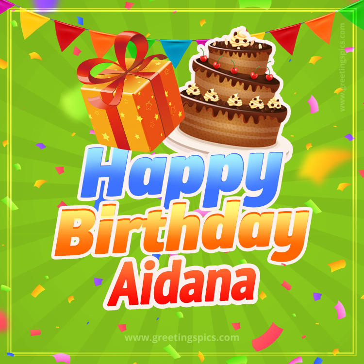 Happy Birthday Aidana picture with flags, chocolate cake and gift box (square shape image)