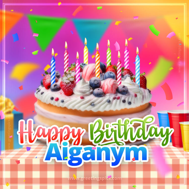 Happy Birthday Aiganym Colorful Image with fruit cake and candles (square shape image)