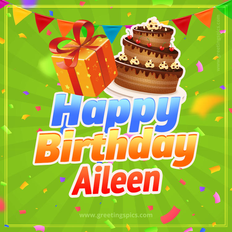 Happy Birthday Aileen picture with flags, chocolate cake and gift box (square shape image)