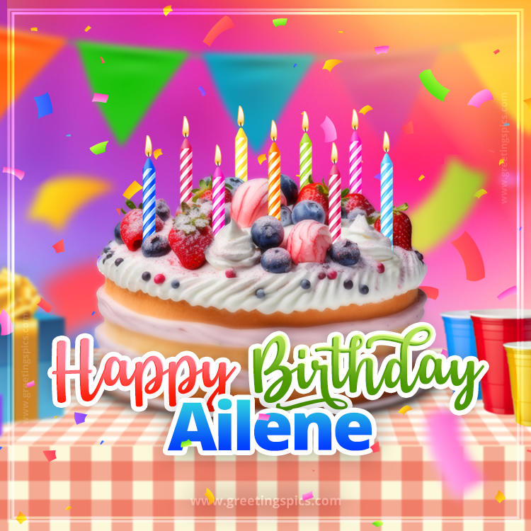 Happy Birthday Ailene Colorful Image with fruit cake and candles (square shape image)