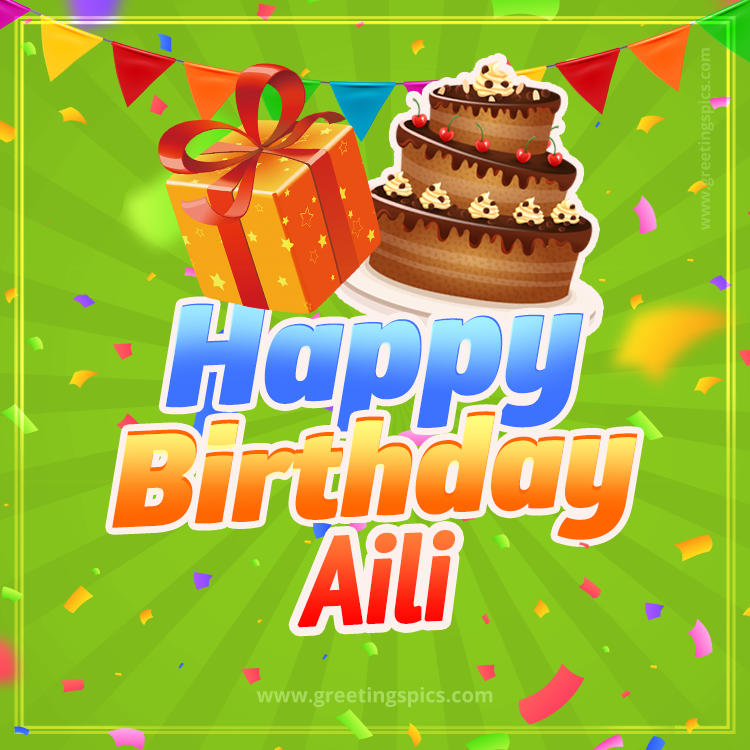 Happy Birthday Aili picture with flags, chocolate cake and gift box (square shape image)