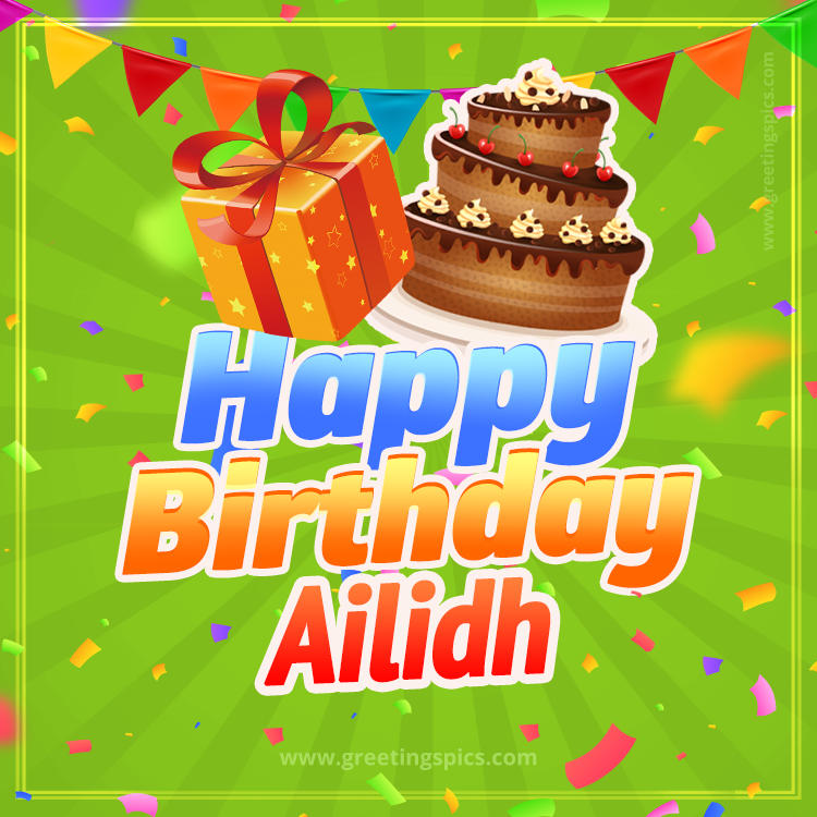 Happy Birthday Ailidh picture with flags, chocolate cake and gift box (square shape image)