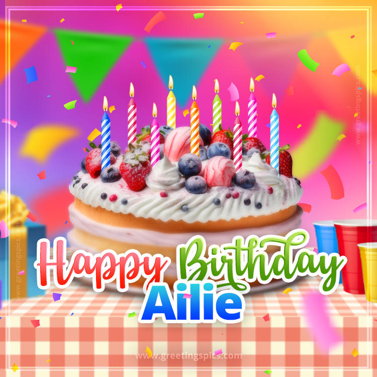 Happy Birthday Ailie Colorful Image with fruit cake and candles (square shape image)