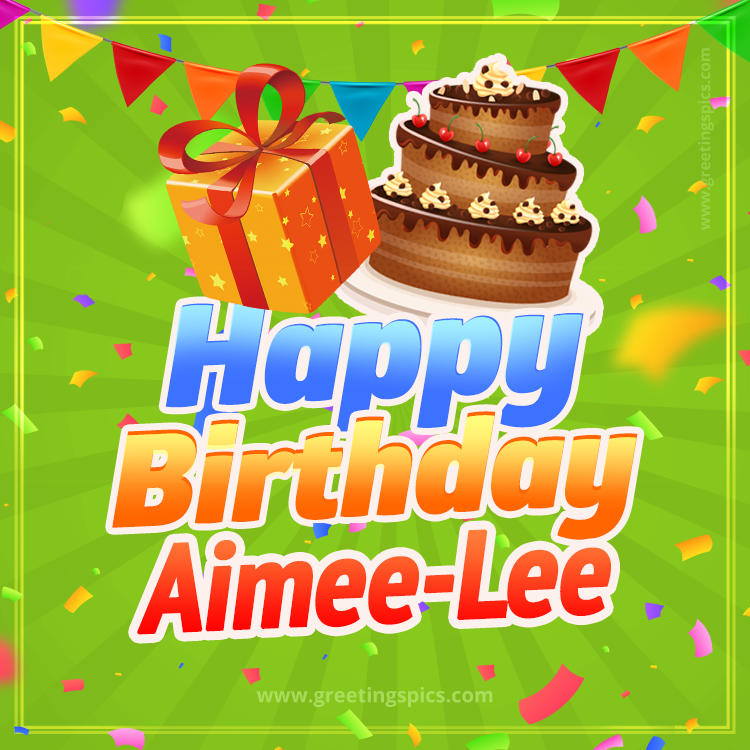 Happy Birthday Aimee-Lee picture with flags, chocolate cake and gift box (square shape image)