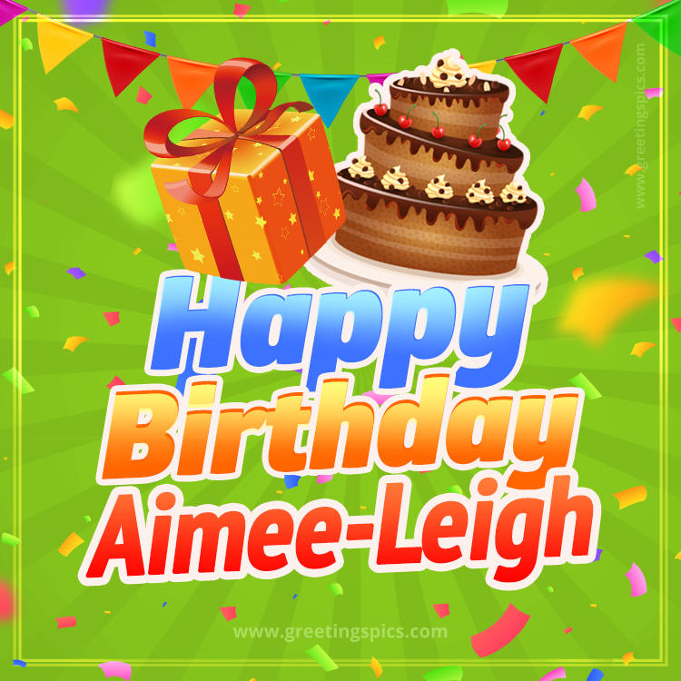 Happy Birthday Aimee-Leigh picture with flags, chocolate cake and gift box (square shape image)