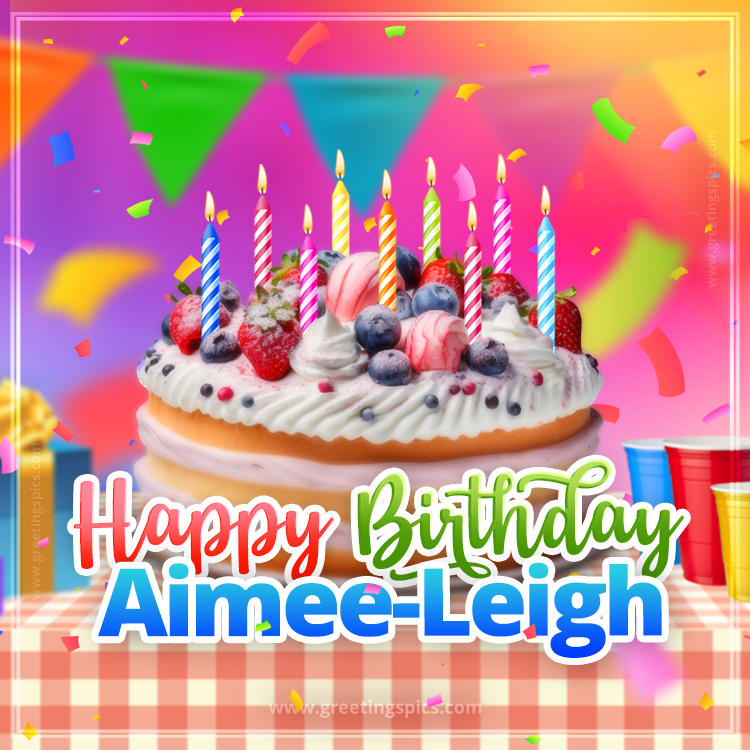 Happy Birthday Aimee-Leigh Colorful Image with fruit cake and candles (square shape image)