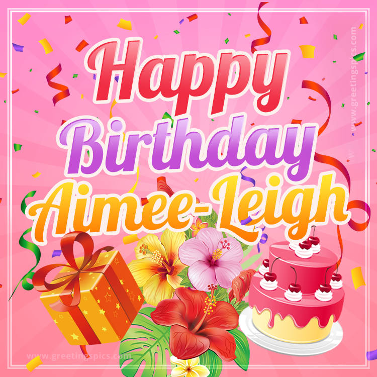 Beautiful Birthday Card for Aimee-Leigh with Cake and bouquet of flowers (square shape image)