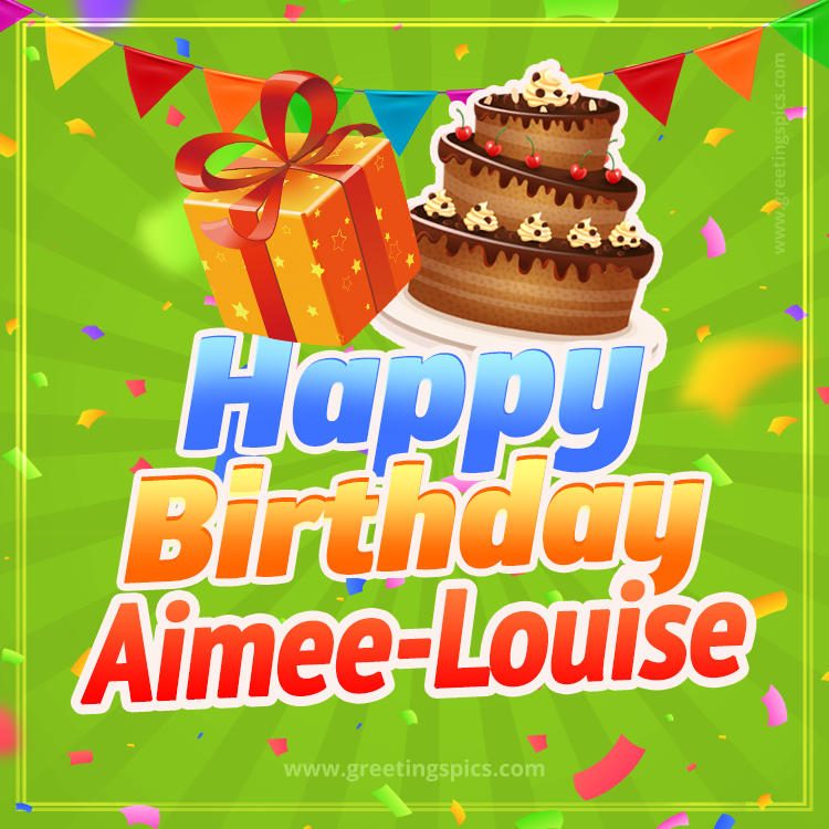 Happy Birthday Aimee-Louise picture with flags, chocolate cake and gift box (square shape image)