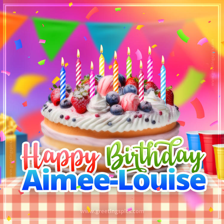 Happy Birthday Aimee-Louise Colorful Image with fruit cake and candles (square shape image)