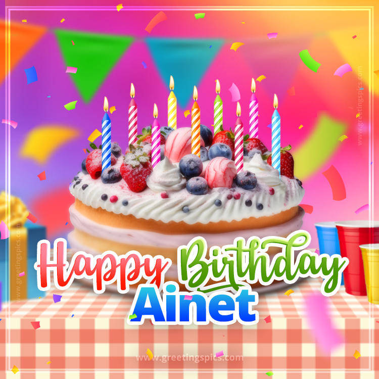 Happy Birthday Ainet Colorful Image with fruit cake and candles (square shape image)