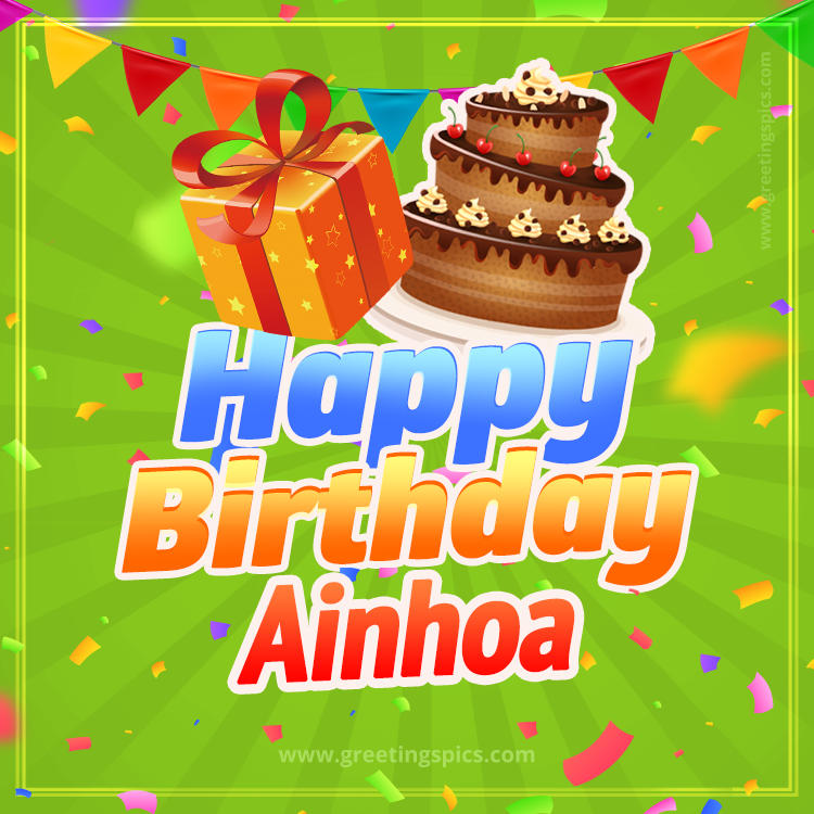 Happy Birthday Ainhoa picture with flags, chocolate cake and gift box (square shape image)