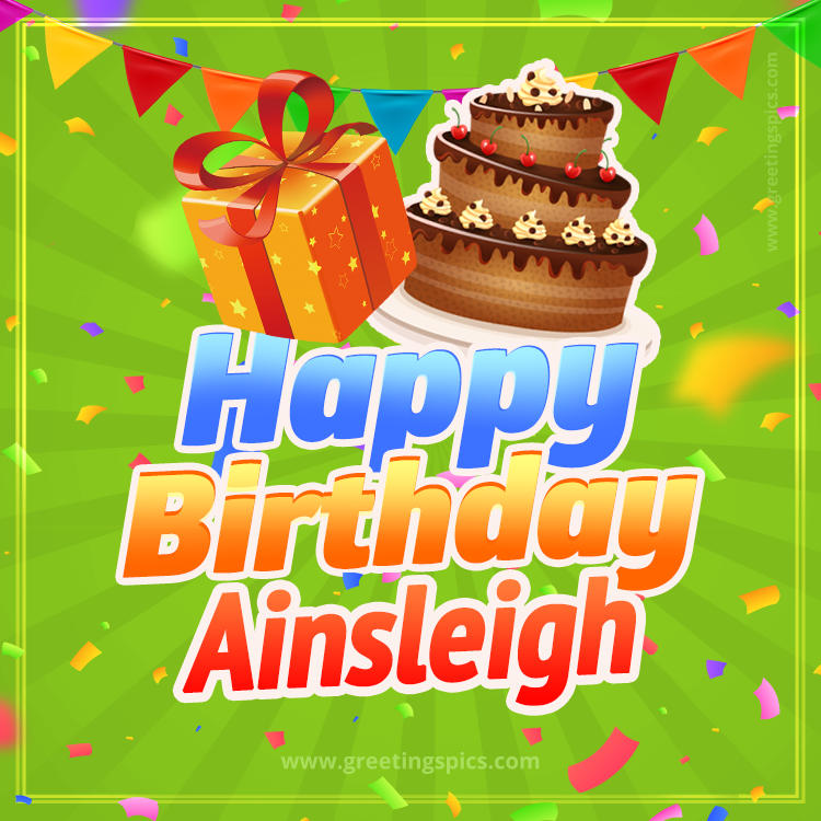 Happy Birthday Ainsleigh picture with flags, chocolate cake and gift box (square shape image)